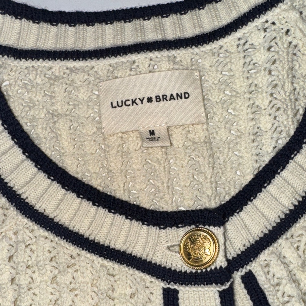 Lucky Brand Granny Cottage Core Cream Cardigan with Navy Trim and Gold‎ Buttons - Picture 2 of 5